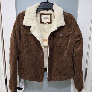 Ashley NWT M Brown Corduroy Jacket Sherpa Lined Fleece Trucker Coat Cozy